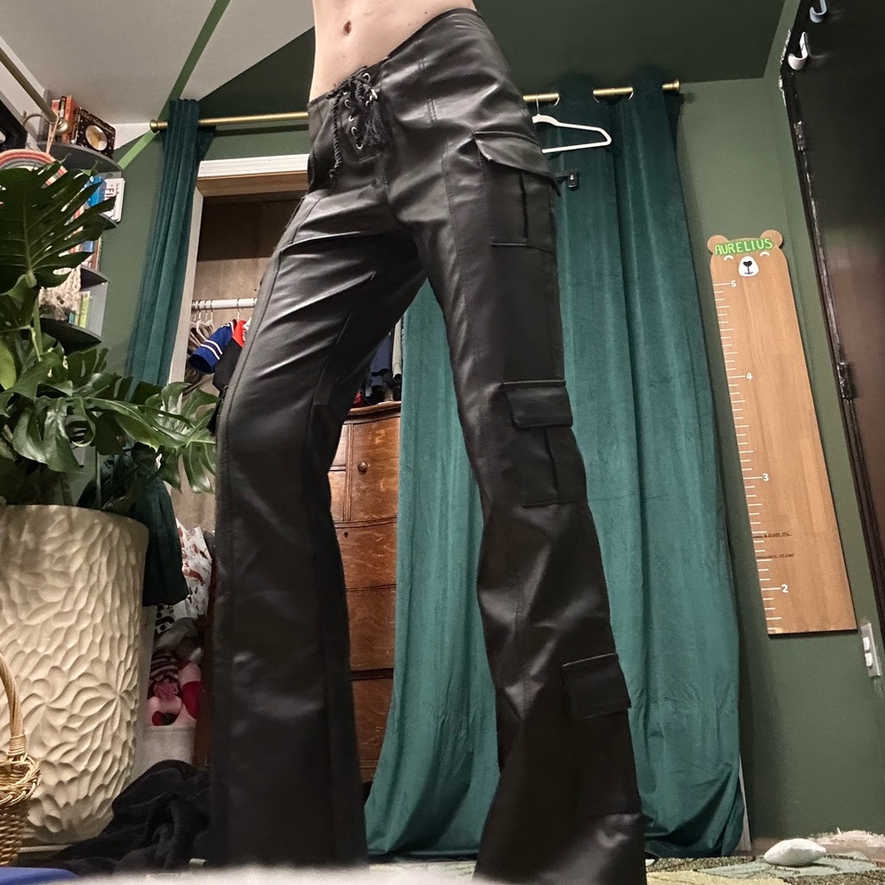 Club Exx Groundwork Cargo Flare Vegan Leather Lace-Up Low Rise Pants DollsKill - Picture 4 of 14